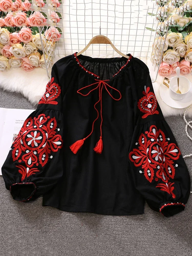 Sweet Style Women Pullover Shirts Embroidery Patchwork Bandage V-neck Lantern Sleeve Spring Summer 2023 New Blouse SN0452