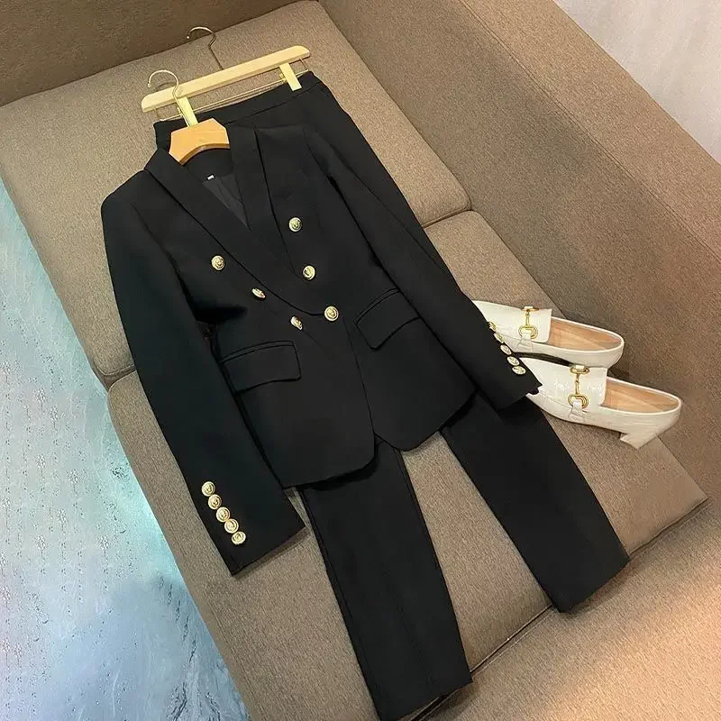 Large S-4xl Women Winter Suit Noted Double Breasted Jacket Coat Top and Pant Two Piece Set Outfit Party Korea Chic Fashion 2024