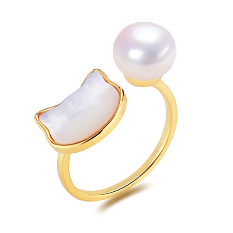 ZHBORUINI Superior Quality Natural Freshwater Pearl Ring 14K Gold Plating Seashell Black And White Cat Ring Female Jewelry Gift