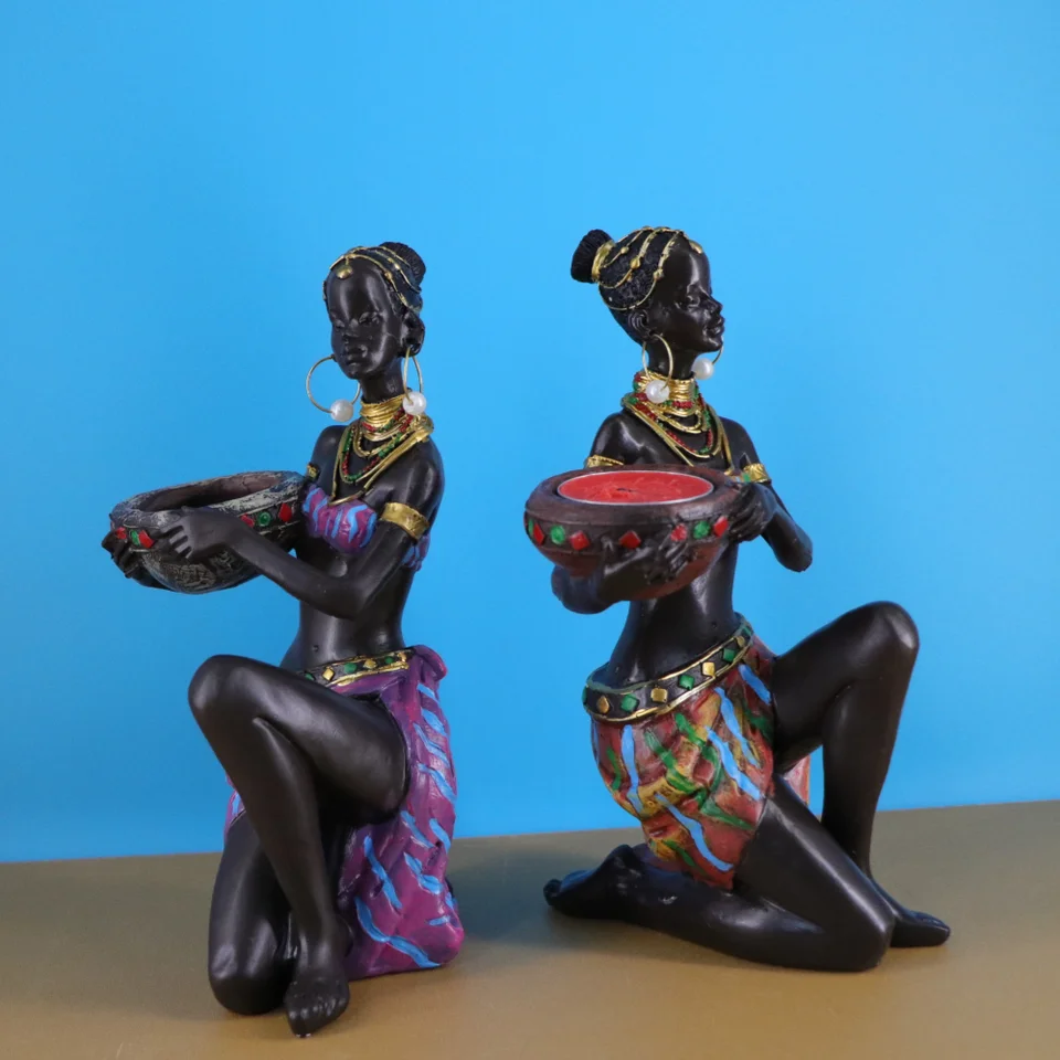 Resin African Women Figurines Candle Holder Retro Character Art Sculpture Candlesticks Home Living Room Table Decoration Crafts