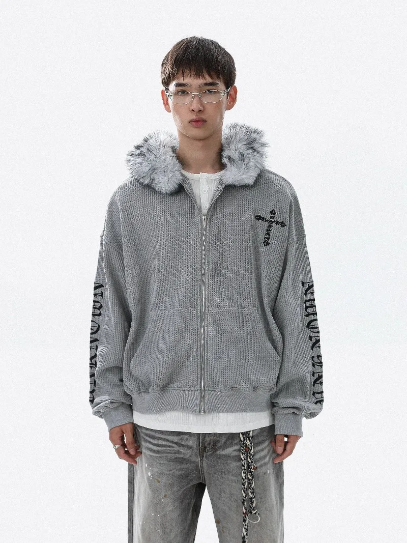 American Style Y2K Subculture Gothic Embroidered Fur Collar Cardigan Sweatshirt Youth Trendy Hooded Winter Coat Couple Matching