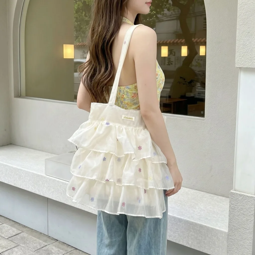 Sweet Layered Ruffle Shoulder Bag Pastel Color Sheer Tote Bag with Flower Embroidery Large Capacity Casual Handbag for Vacation