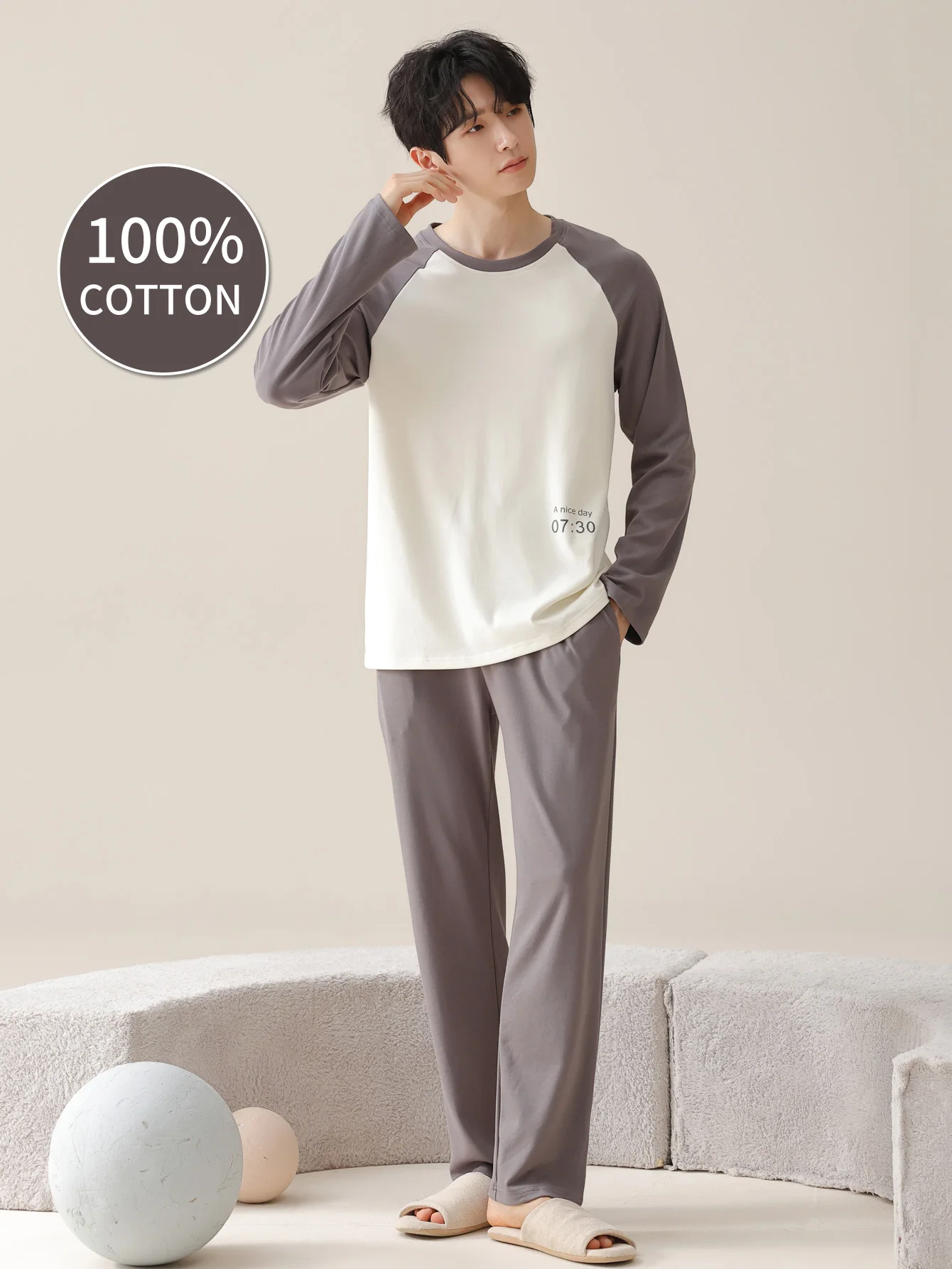 ملابس نوم رجالية 100% قطن بأكمام طويلة للفصول الأربعة مقاس كبير، طقم بدلة منزلية من القطن الخالص للمراهقين للدفء #1