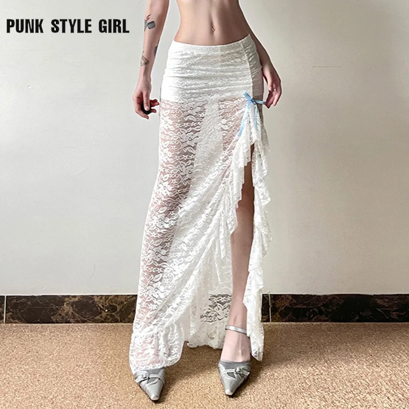 

2024 Solid Irregular Women Fairycore Y2k Lace Skirt Pastel Goth See Through Low Waist Split Skirt Vintage Coquette Rave Skirts