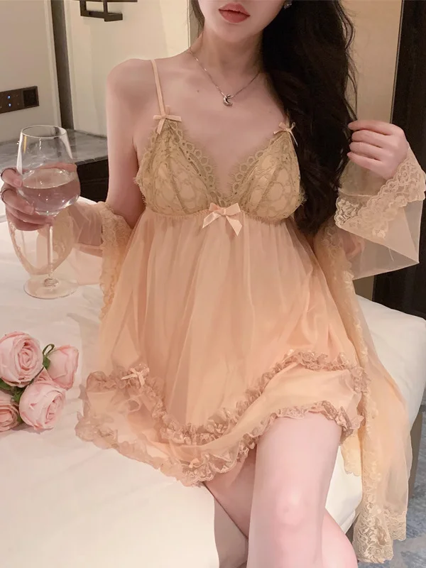 2025 New Sweet Lace Deep V Ne Padded Brtte Che Robe Set Women's Home Clothes Set Sexy Sle Four Seasons Universal
