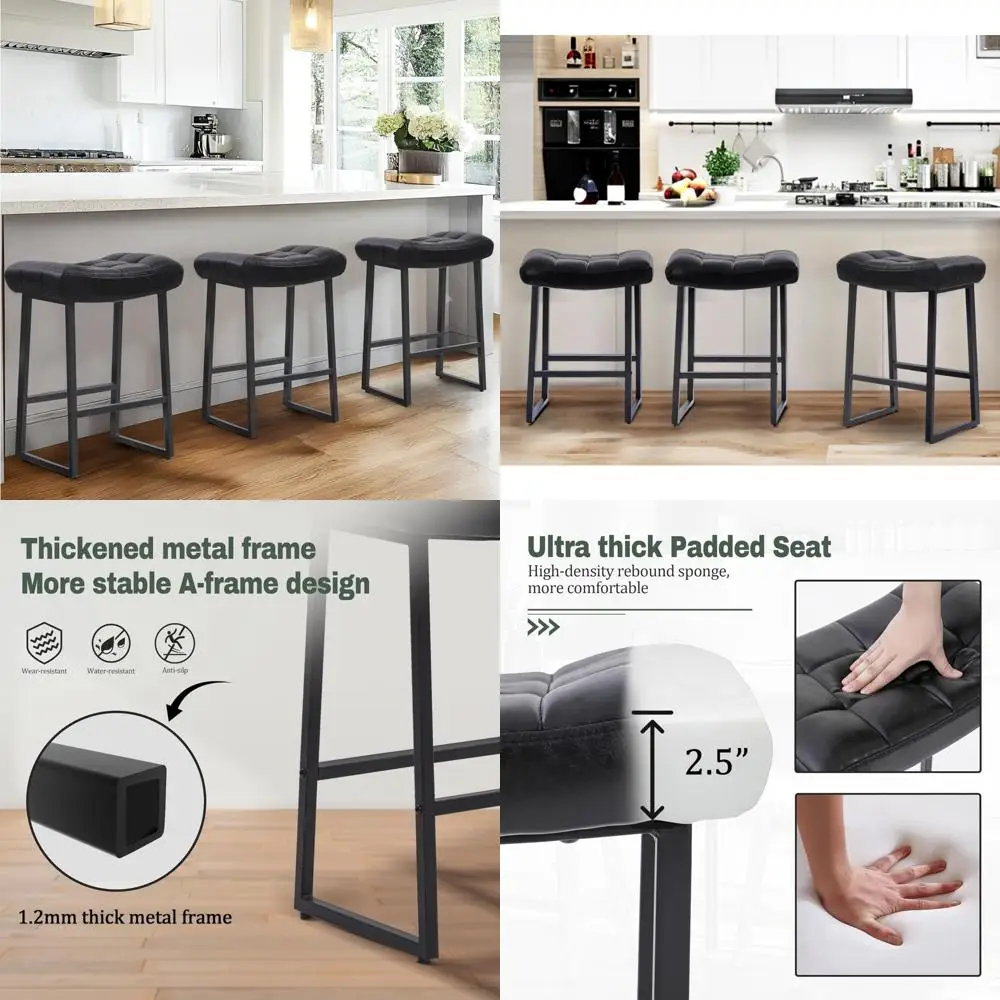 Set of 3 Modern 24 Counter Height Backless Bar Stools with Upholstered Faux Leather Seat