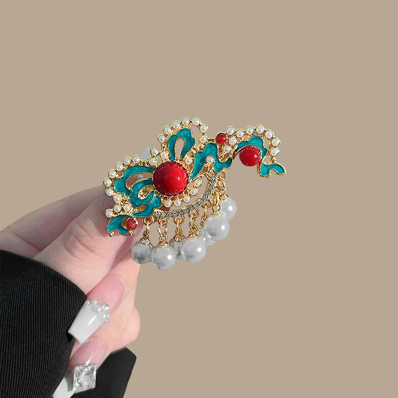 Neue Chinesische Stil Lion Dance Imitation Perle Haar ClipWomen's Cheongsam Hanfu Haar Zubehör Exquisite Quasten Pony Seite Clips
