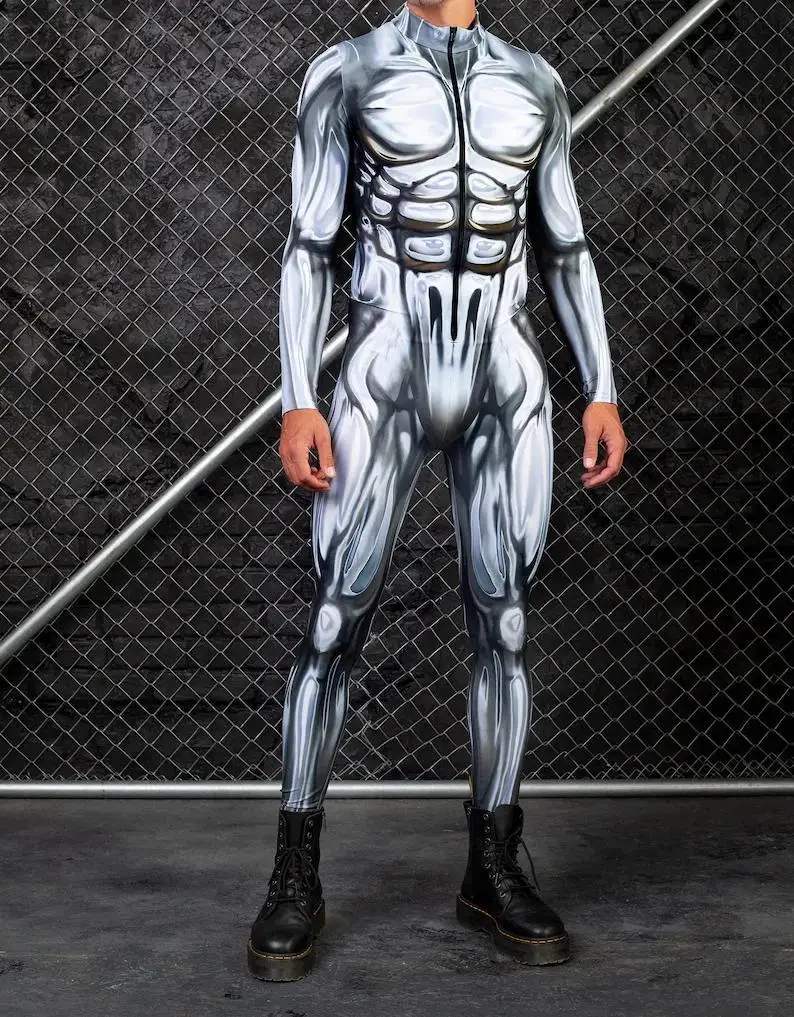 Colorful Machine Muscle Zentai Men Halloween Bodysuit Punk Cosplay Costume Jumpsuit Carnival Party Festival Outfit