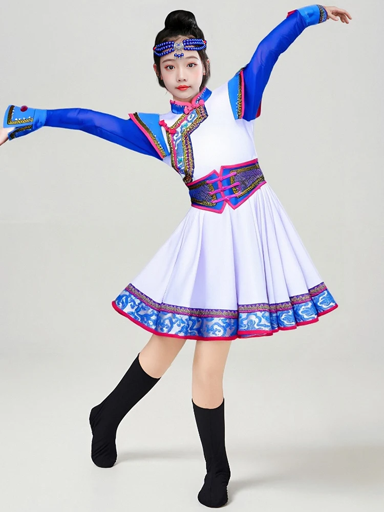 

Детский монгольский этнический костюм для девочек, одежда для монгольских танцев, белый костюм для танца «Провинциальный петух» с палочками для еды