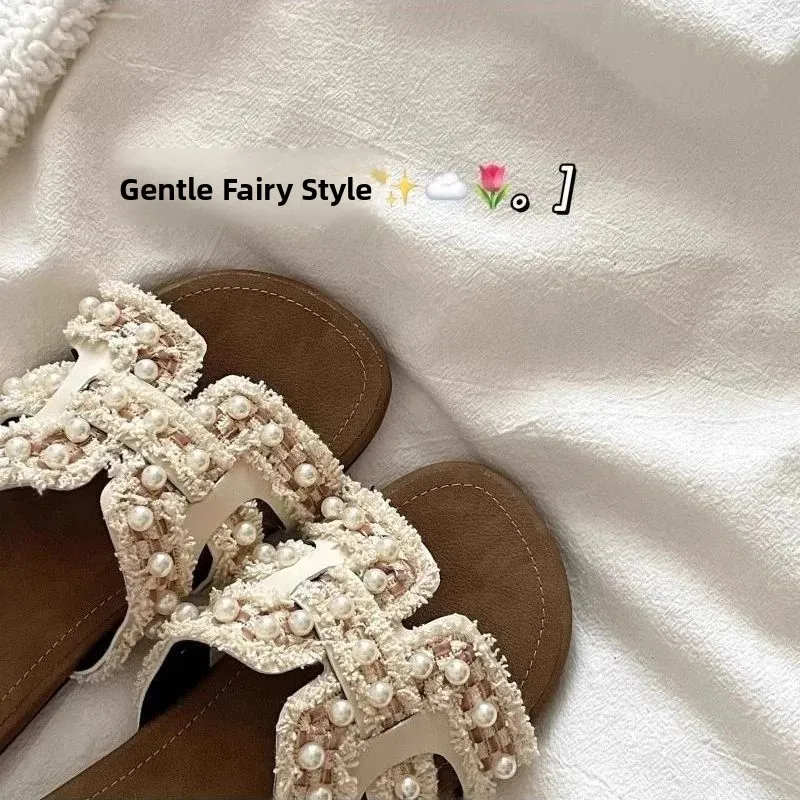 Romantic Lazy Pearl Slippers Women's Summer Outdoor Wear Flat Heel round Toe Casual Slip-On Sandals Trendy Holiday Flats