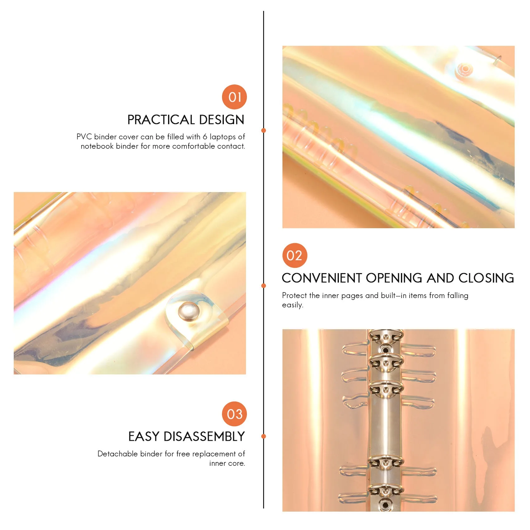 2 Pcs A6 6-Ring Rainbow Clear PVC Binder Cover Refillable Notebook Binder Protector Loose Leaf Planner Binder Cover multicolor