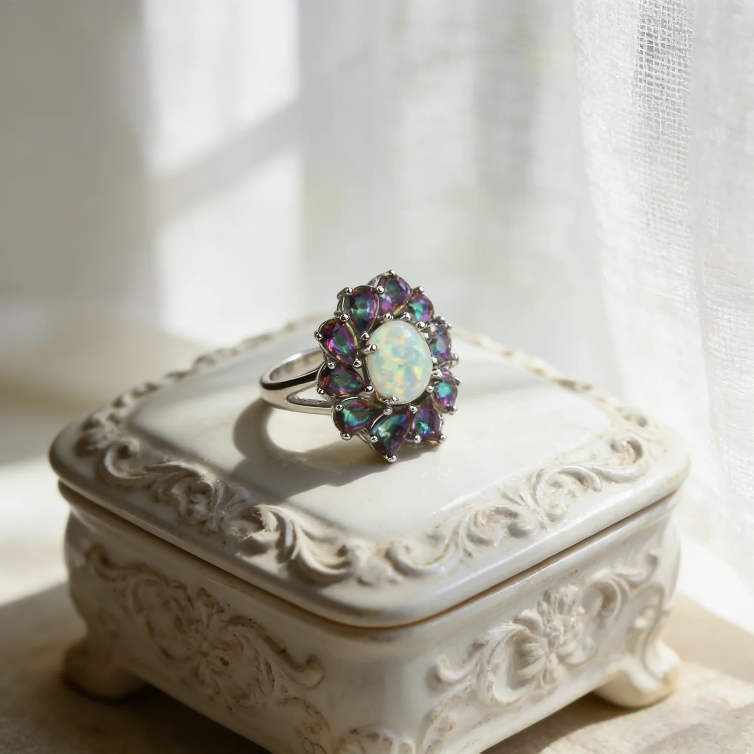 Luxury Flower Cocktail Ring Floral Rainbow Stone & White Opal Rings For Women Fashion Jewelry Bohemia style Gift for Girlfriend