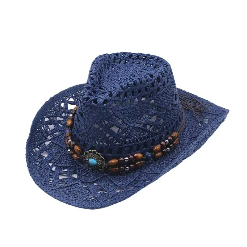 Vintage Sommer Strand Bohemian Strohhut mit Muscheln für Damen und Herren, Western Cowboyhüte mit Holzperlen, Ausgehöhlter Sonnenhut, Urlaubsmütze – Detail 17