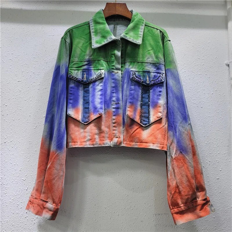 

Streetwear Fashion Beading Rainbow Colors Big Pocket Denim Jacket Women Loose Short Cowboy Outerwear Casual Jeans Jacket Female