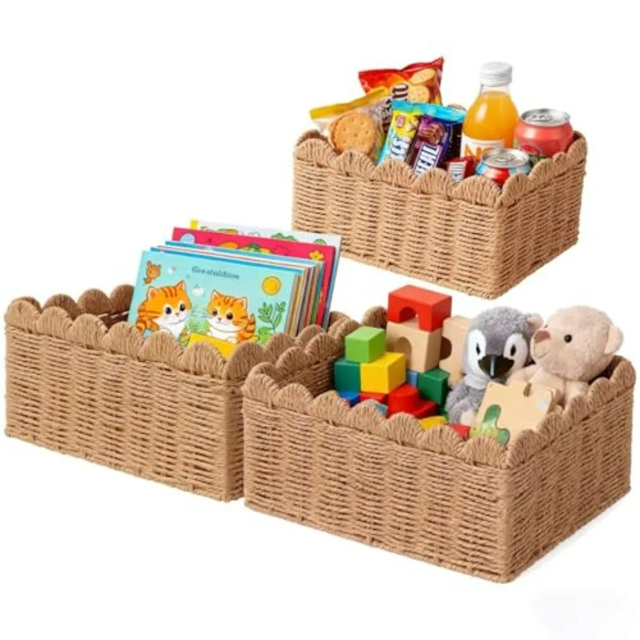 

3 Pcs Scalloped Wicker Baskets for Organizing Hand-woven Paper Rope Storage Cubes Brown Household Decor Storage Baskets