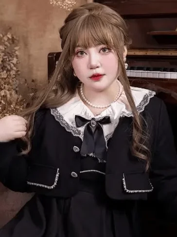 L-4XL Grote maat dames lente nieuwe Lolita lange jurk Slanke kant Hoge taille Lange mouw Prinses Dagelijkse jurk Zwarte korte jas