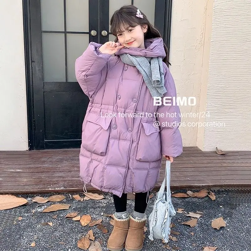 

5-14Y Girls Winter Over-knee Down Coat 2025 New Thick Double Breasted Cotton Jacket Kids Loose Korean XQX06