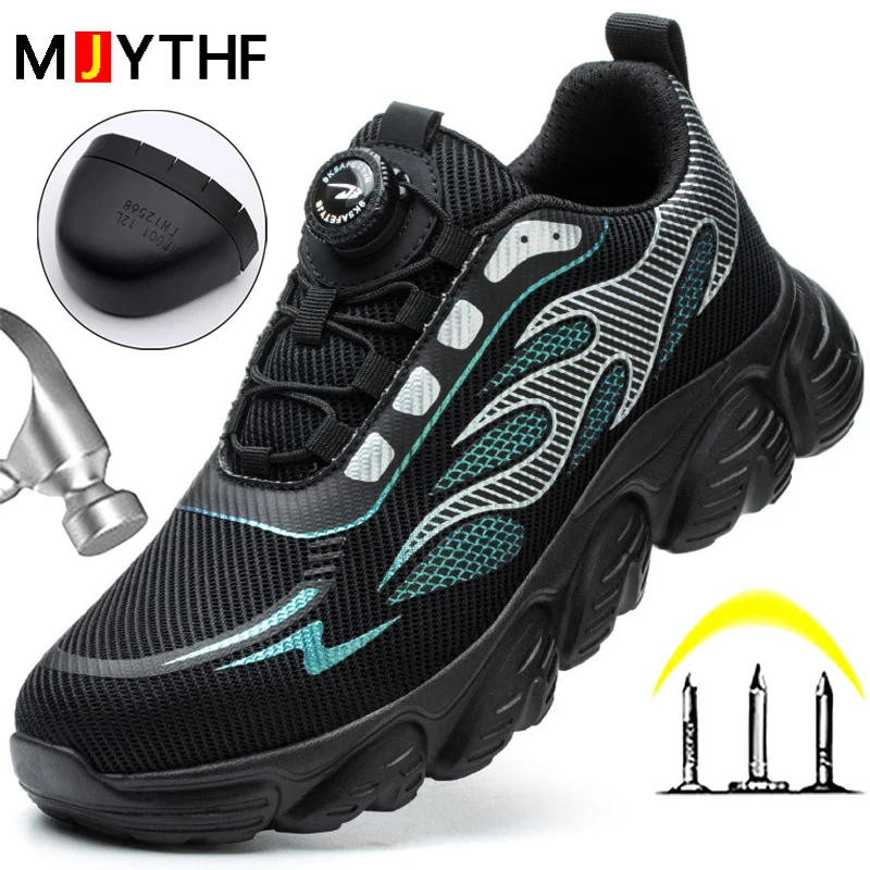 Reflective Safety Shoes Men Fashion Protective Sneakers Steel Toe Shoes Rotating Button Work Boots Men Puncture-Proof Male Shoes