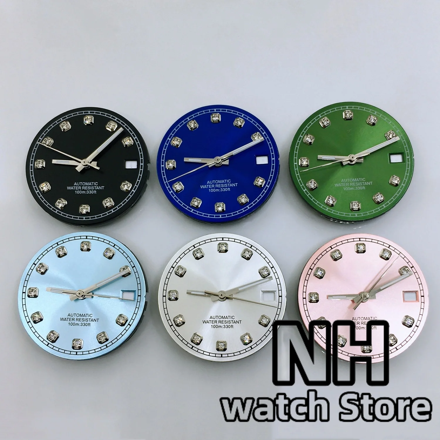 NH29 mm Sunburst-Uhrenzifferblatt, rosafarbenes, goldgrünes Zifferblatt mit Diamant-Index, Datum und Zeiger, passend für NH35 NH36-Uhrwerk, modifiziertes Ersatz