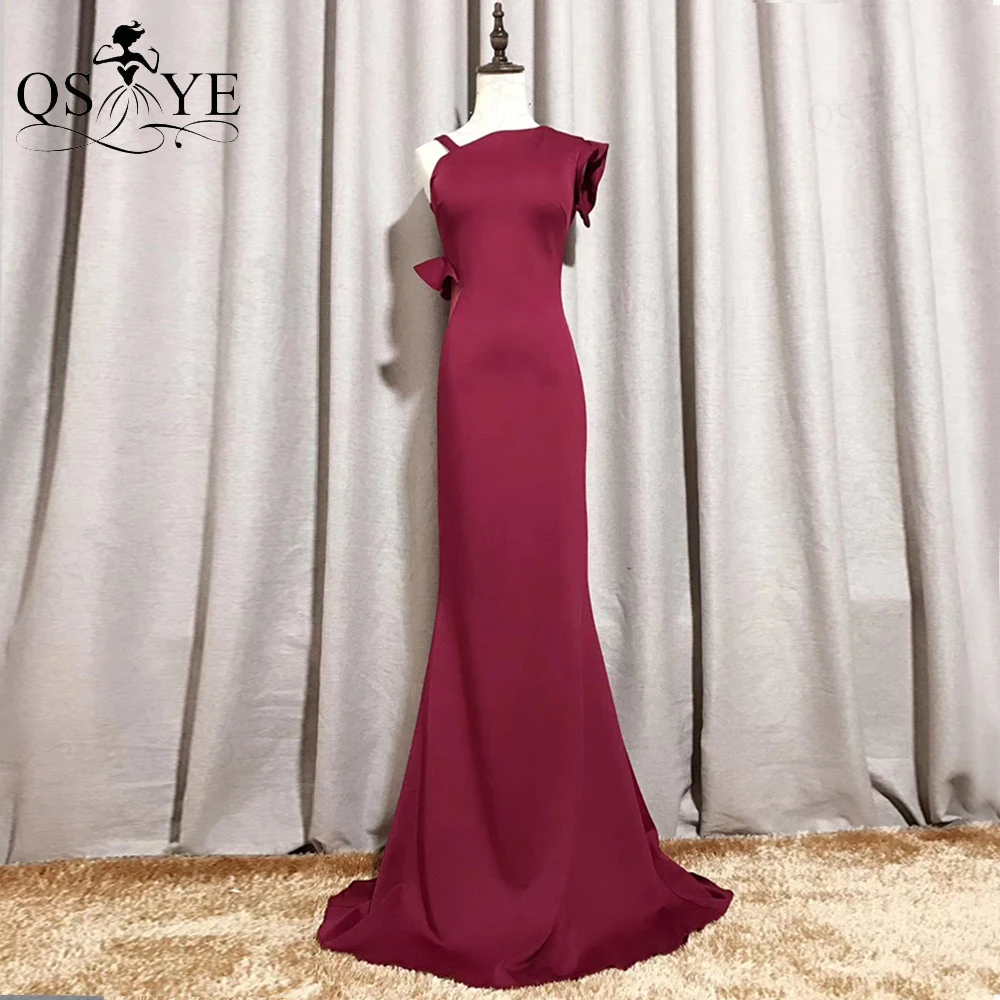 

One Shoulder Burgundy Prom Dresses Mermaid Stretchy Satin Evening Gown Classic Hollow out Waist Formal Dress