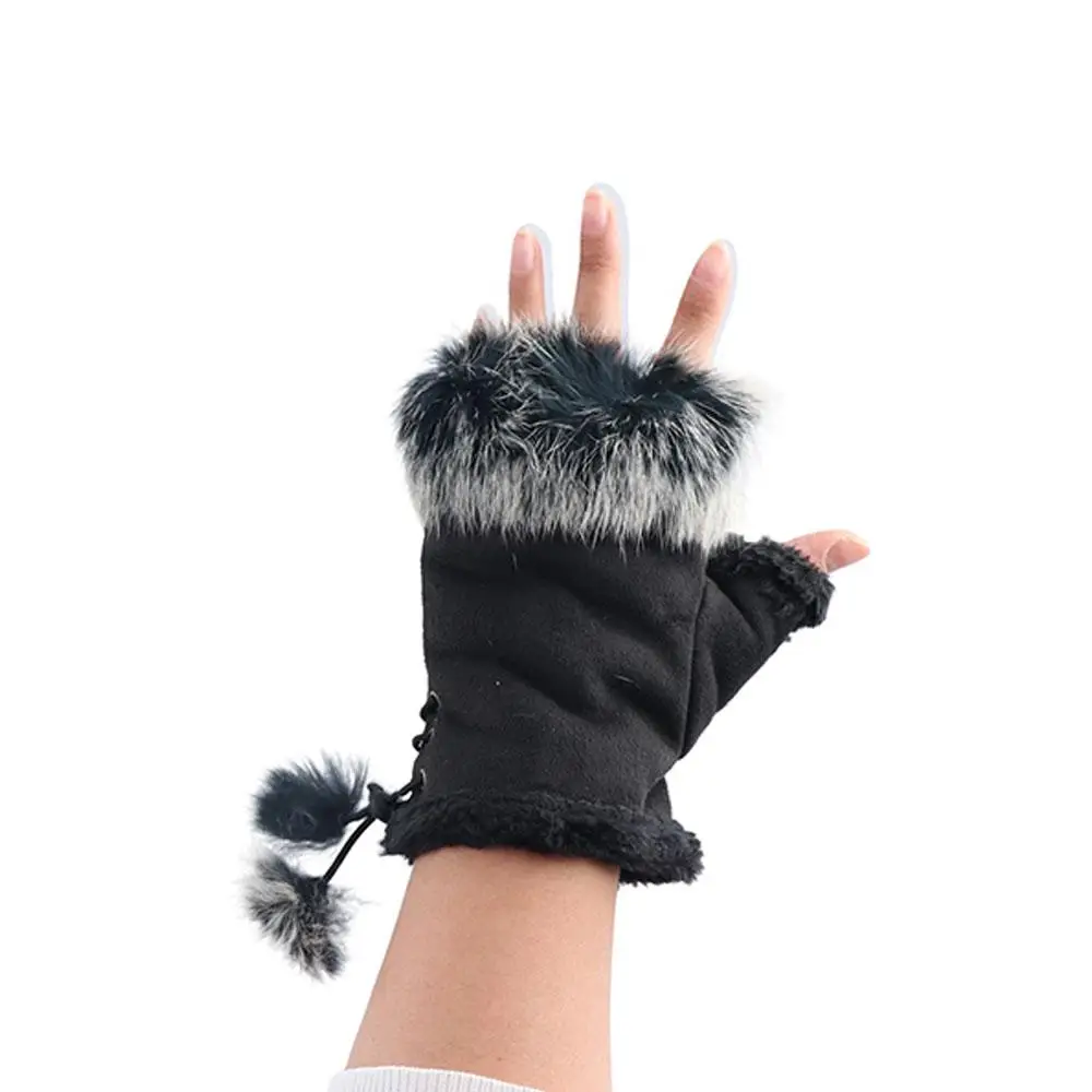 New Girls Gift Color Soft Wrist Fashion Trim Warm Rabbit Fur Women Gloves Fingerless