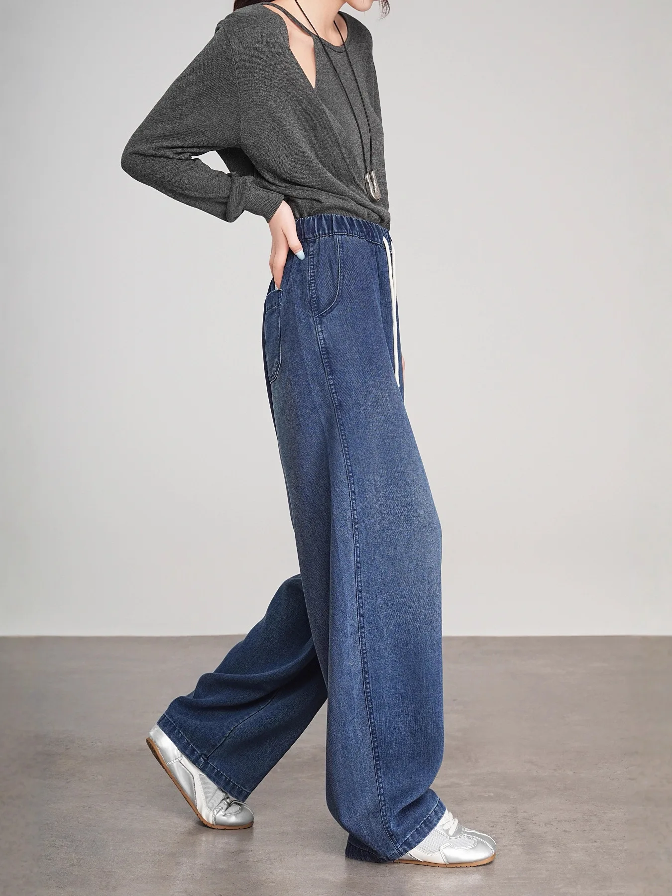 Damskie jeansy w stylu francuskim, nowy retro, z elastyczną talią na sznurku, luźne spodnie dżinsowe w kolorze niebieskim, jesienne, codzienne, modne, proste spodnie.