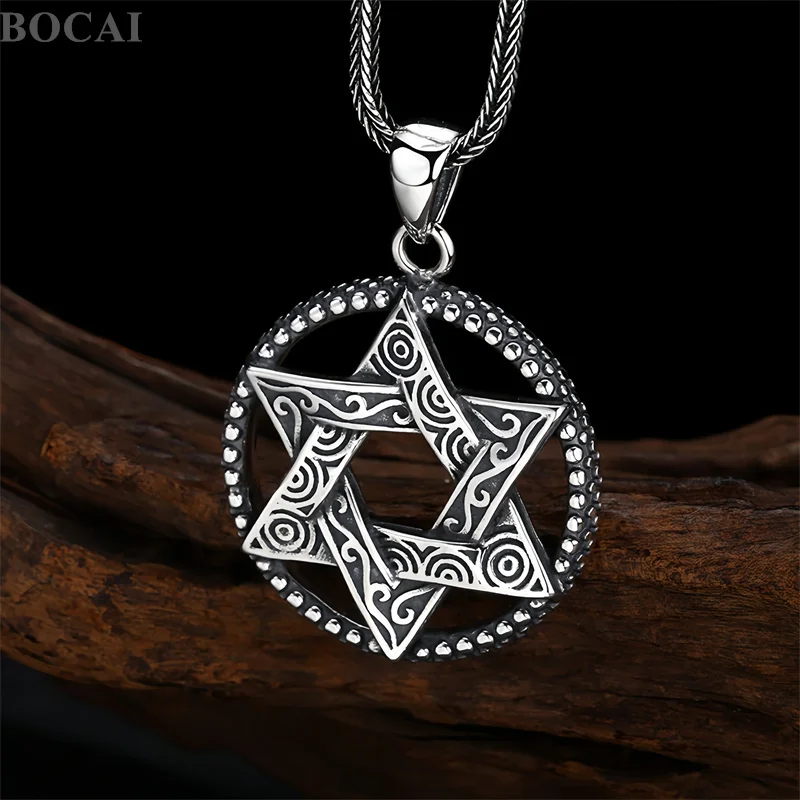 BOCAI New S925 Sterling Silver Charms Pendants for Men Women Antique Silver Six-pointed Stars Trendy Charm Fine Choice Jewelry