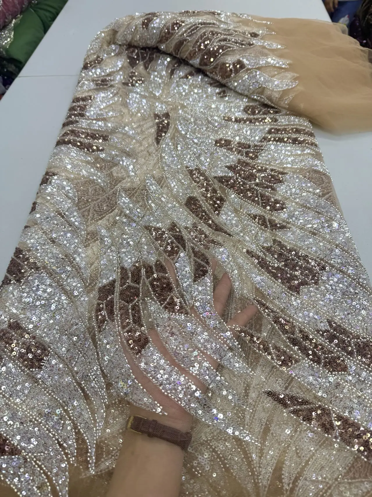 

2025 African Nigerian High-Quality Sequins Embroidery Tulle Lace Fabric 5 Yards Sewing Beads Stone for Prom Dresses JY446