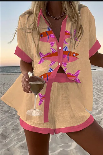 Imagen 2 del producto Conjunto de 2 piezas con estampado de moda para vacaciones en la playa, camisa de manga corta de verano para mujer, Top + traje corto de dos piezas de gran tamaño con piernas anchas para mujer