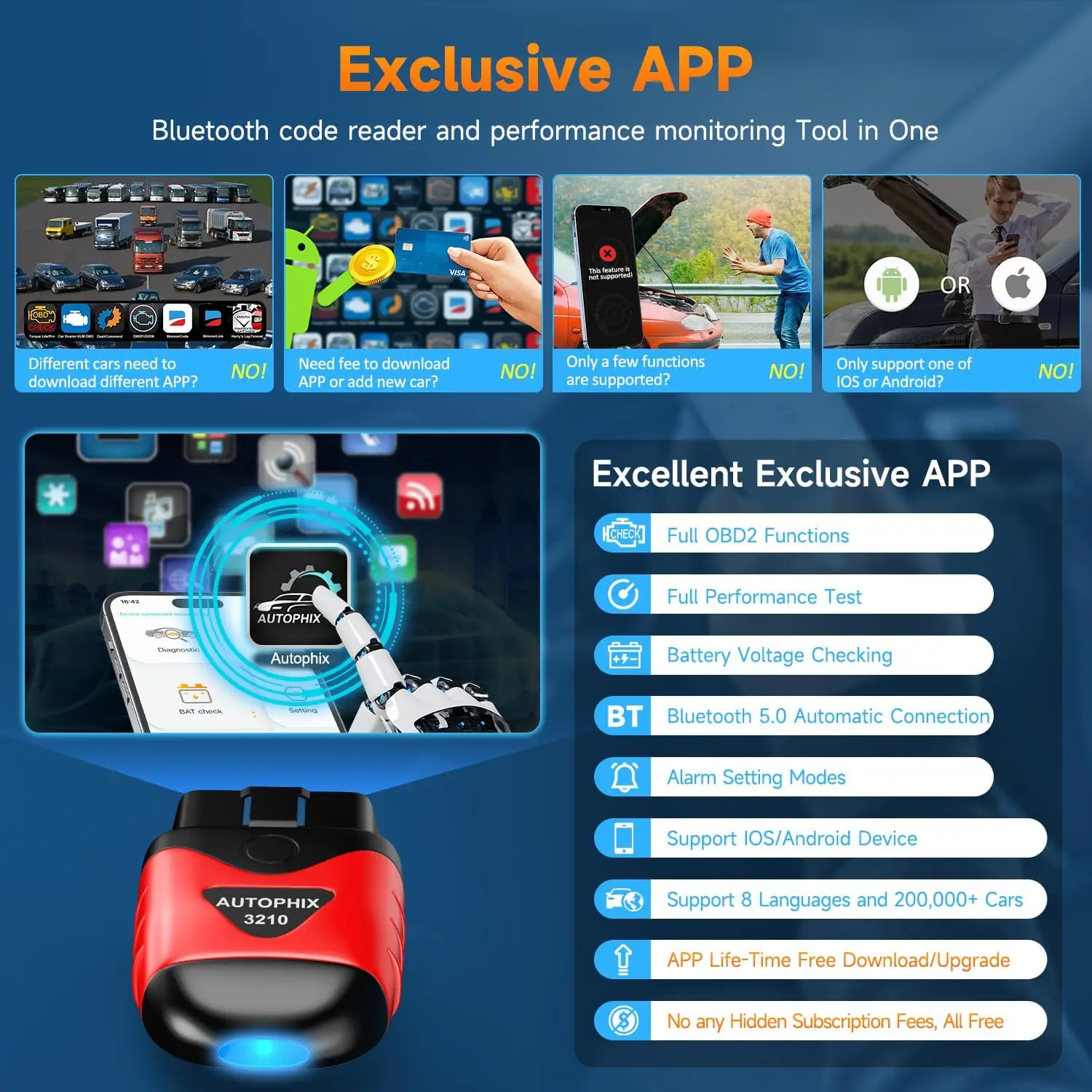 AUTOPHIX 3210 Obd2 ماسح ضوئي للسيارة بلوتوث محرك ضوء فحص قارئ رمز اختبار أداء البطارية obd 2 أداة تشخيص السيارات