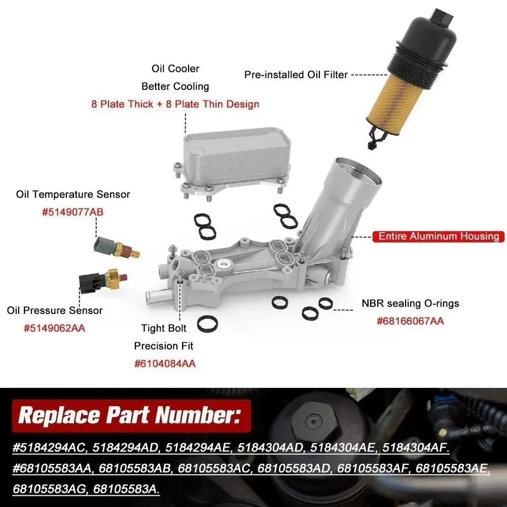 

Комплекты масляных радиаторов для Jeep Dodge Chrysler Ram 3.6L V6, номера 68105583AE, 926-959, 68105583AA, 68105583AB, корпус адаптера масляного фильтра двигателя