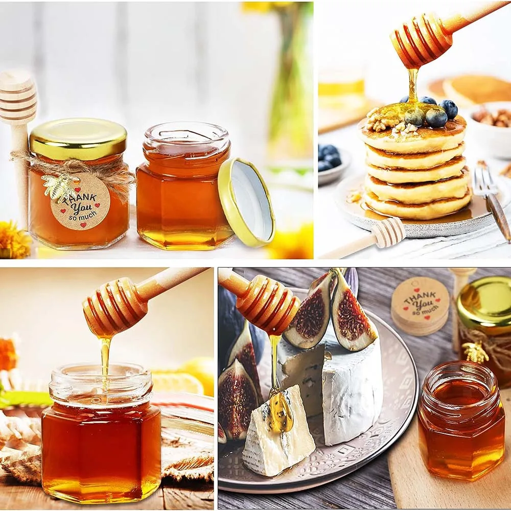 Hexagon Mini Glass Jar with Wood Dipper,Gold Lid,Bee Pendant,Jute Rope, Small Containers, Bottles for Jam Candies, Honey Bab,1.