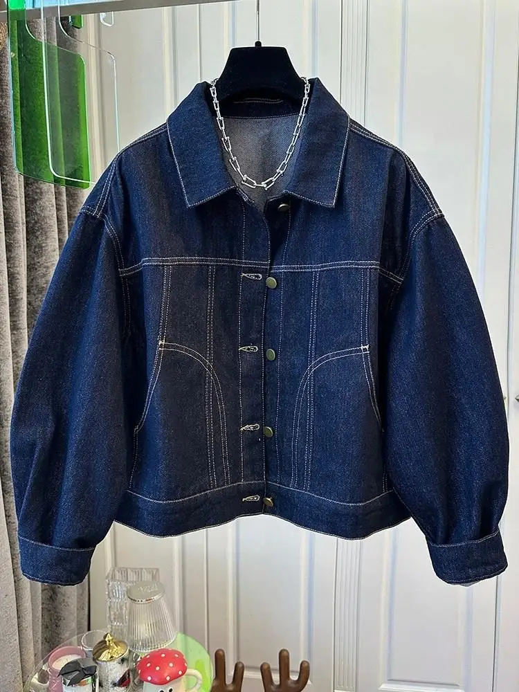 Women Lapel Denim Jacket 2026 New Early Autumn Dark Blue Loose Casual Cropped Outerwear High Sense Relaxed Fit Ladies Coat