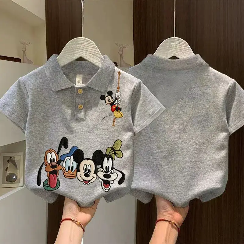 

Pure Cotton Summer New Cartoon Foreign Style Men's and Women's Children's Clothing Baby Print Mickey Lapel Short-sleeved T-shirt