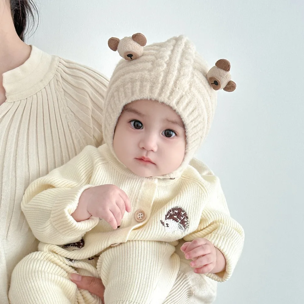 

Cute Warm Baby Knitted Hat Wool Thicken Children Pullover Cap Soft Ear Protection Earmuffs Cap Boys