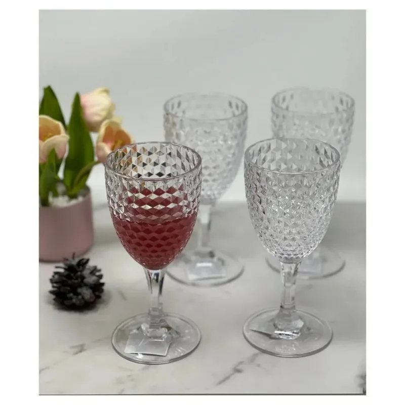

12 diamond cut plastic wine glasses transparent and reusable without bisphenol A safe and elegant stem beverages