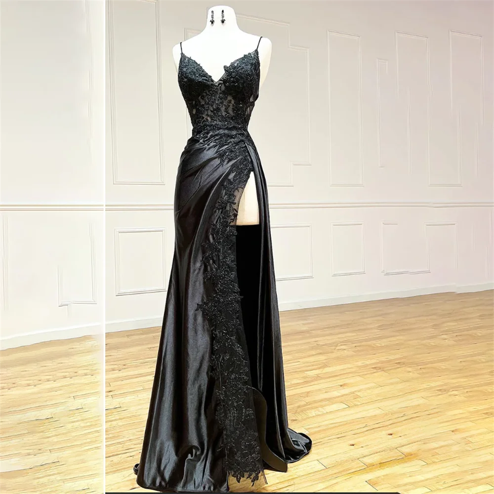 

Lily Spaghetti Strap Black Prom Dress Mermaid Sexy Celebrity Dresses Women's Evening Dress Appliques Lace Formal Gown 프롬 드레스