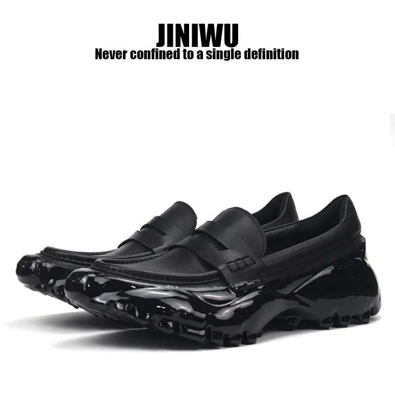 JINIWU 2026 Melted‑Outsole Loafers, Matte Black Cowhide Slip‑On Casual Shoes, Simple Versatile Hand‑Stitched Men’s Slip‑On Shoes