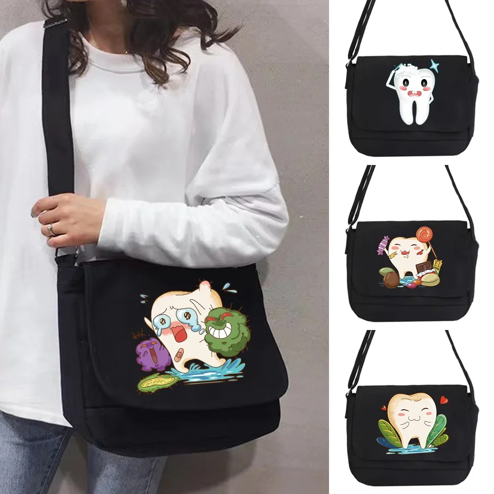 

2023 Shoulder Bag Women Casual Version Wild Messenger Case Korean System Harajuku Canvas Crossbody Packet Teeth Print Organizer