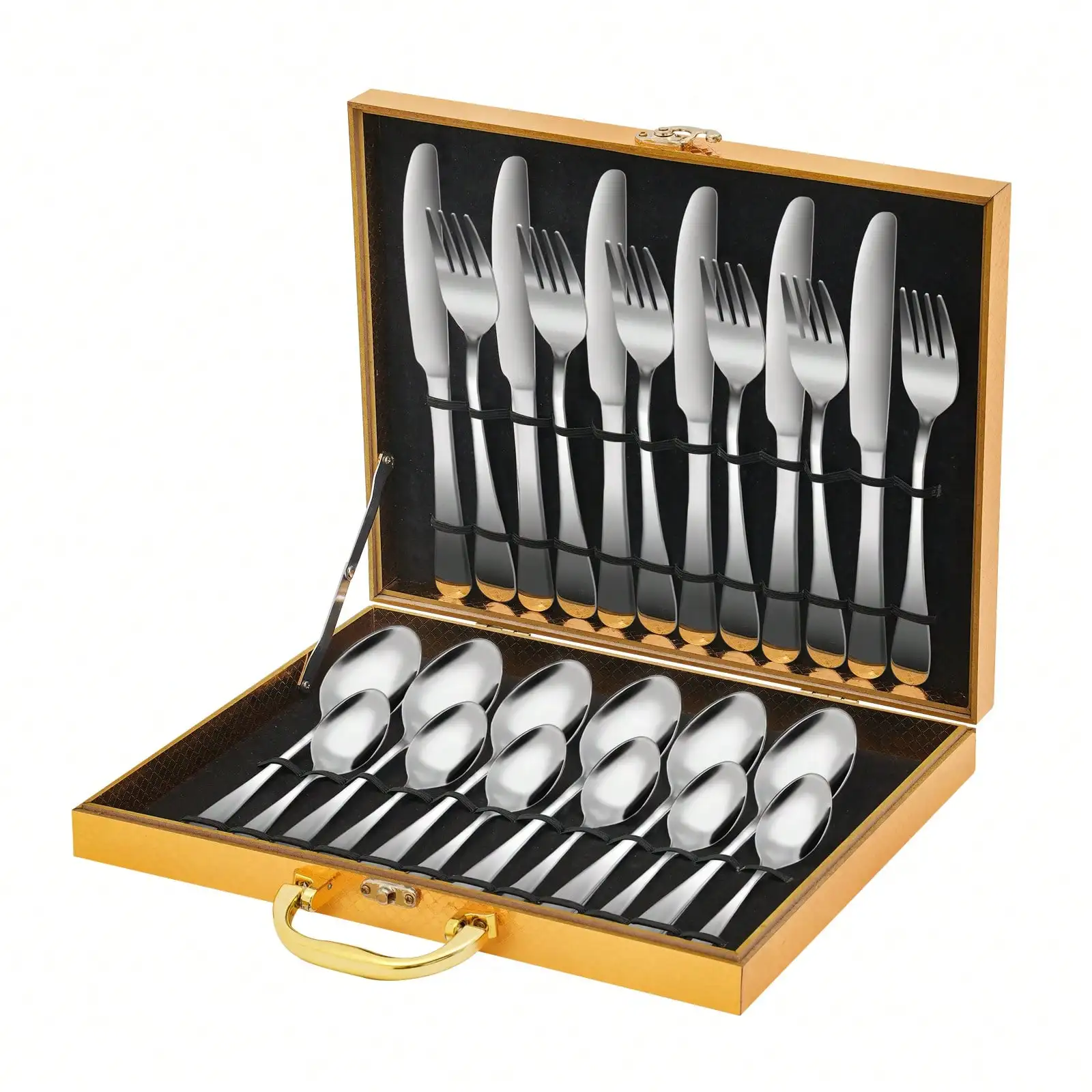 24PCS 6 Set Silver Flatware Cutlery Stainless Steel Kitchen Utensils Set Silverware Set Includes Forks Knives and Spoons