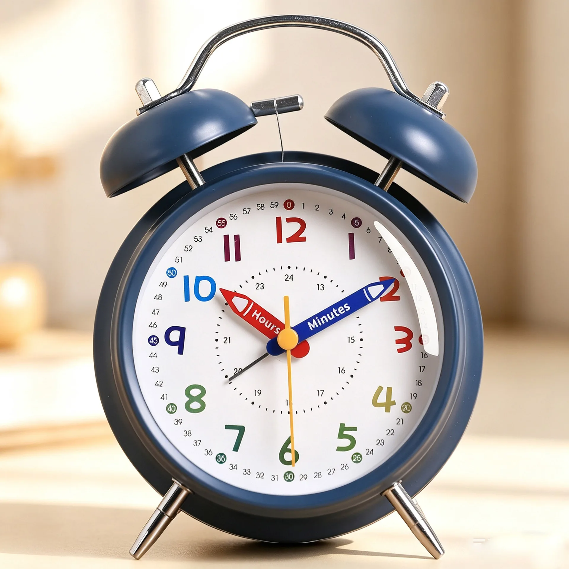 Alarm clock in pencil shape made of metal with a bell that rings loudly at maximum volume. Desktop clock on the bedside table