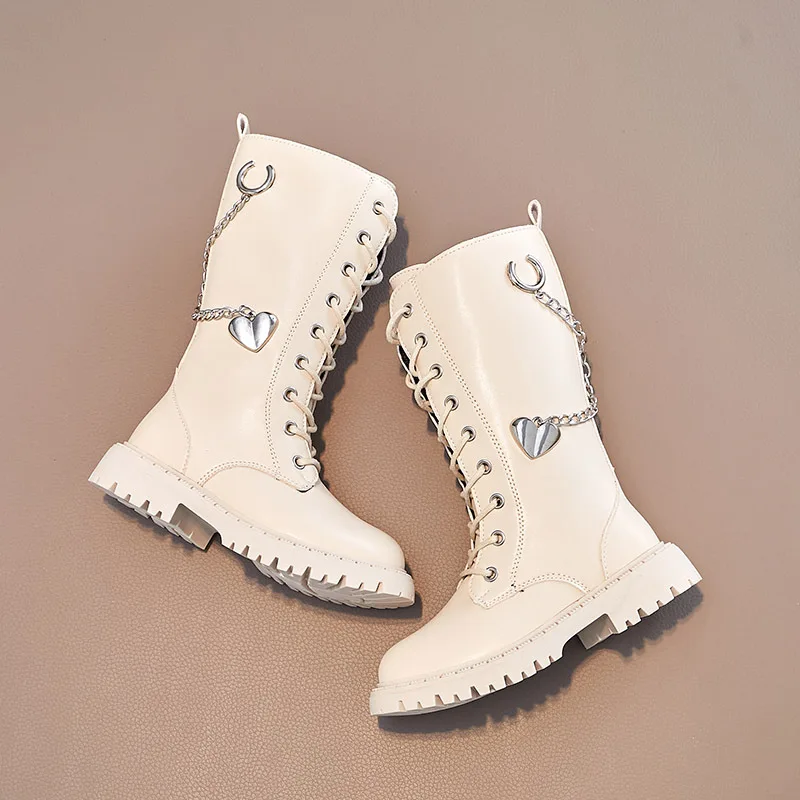 Kids'Boots Solid Color PU Leather Love Fashion Autumn Knee-high Boots For Girls Anti-slip Breathable Black White Size 21-37