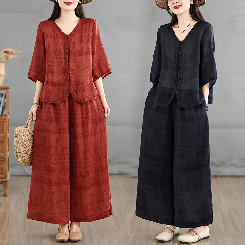 

Универсальный женский комплект больших размеров: рубашка с рукавом три четверти и брюки с широкими штанинами, новый стиль для весны и лета, модный вариант для повседневной носки.