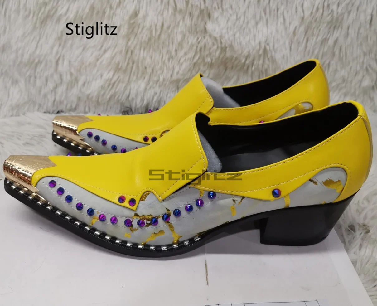 Yellow Print Genuine Leather Shoes for Men Patchwork Metal Toe Rivet Casual Business Shoes with Heels Retro Party Dress Shoes view 5