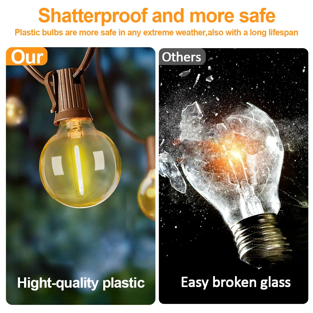 7.6M 18M 30M LED Luci a stringa solare G40 Patio Luce Infrangibile Lampadina Camper Giardino Luci a sospensione impermeabili per la decorazione del giardino