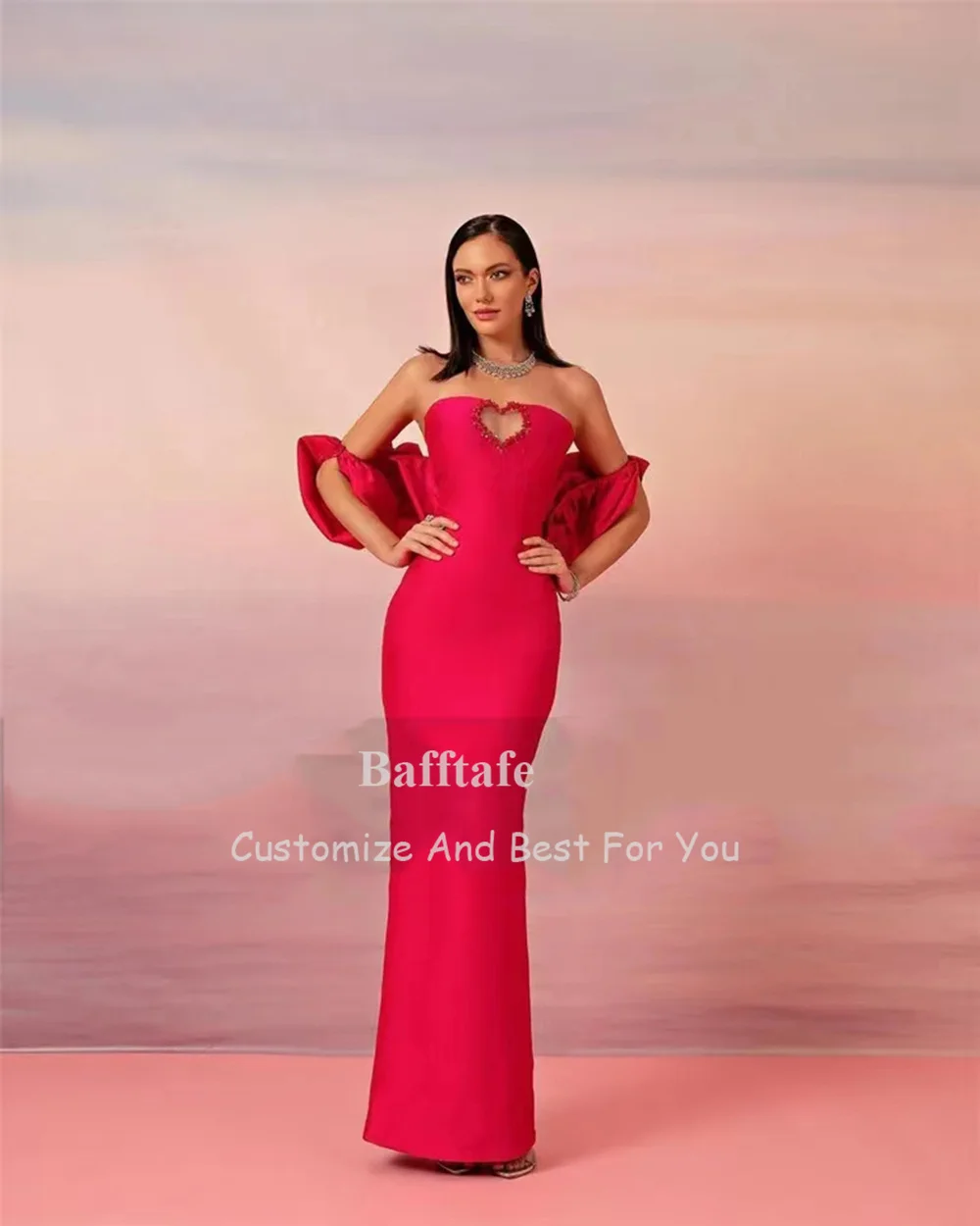 Bafftafe 2 Pieces Red Satin Party Dresses With Wrap Beaded Women Mermaid Formal Evening Gowns Special Wedding Bridesmaid Dress