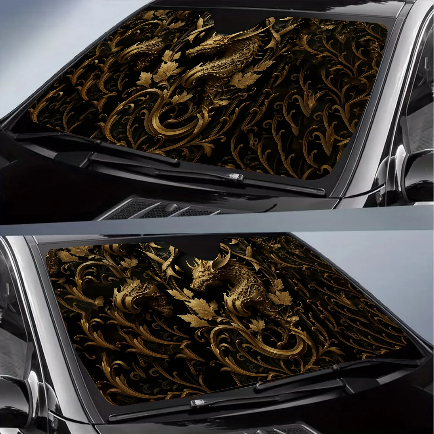 Oriental Mythical Dragon Pattern Car Windshield Sun Shade Gilded Vine Print Design UV Protection Stylish Easy to Install