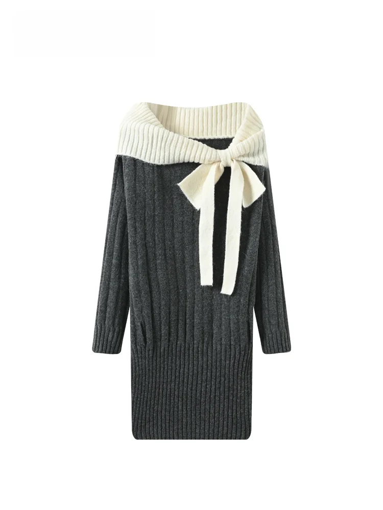 

plus Size Knitted One oulder Dr Women's Warmth Comfortable Spring Long Dr Lazy Sle French Sle Knot