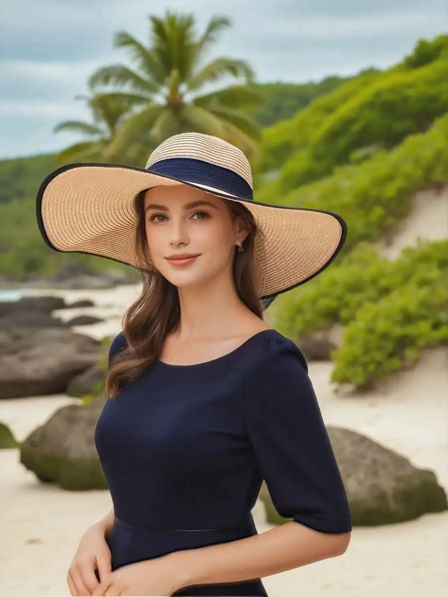 

Womens Extra Large Wide Brim Straw Sun Hat With Bowknot Ribbon For Beach Summer Vacation