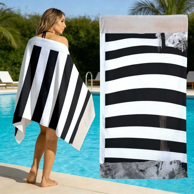 Minimal Monochrome Stripe Style Black White Wide Vertical Stripe Edge Stone Texture Print Quick Dry Pool Beach Towel